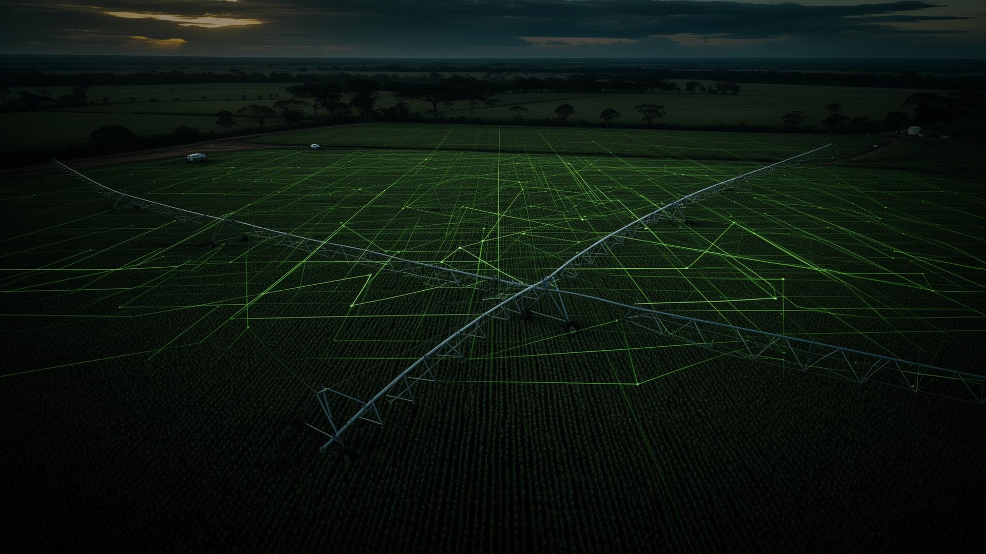 Vista aérea de área agrícola com sobreposição de inteligência de dados